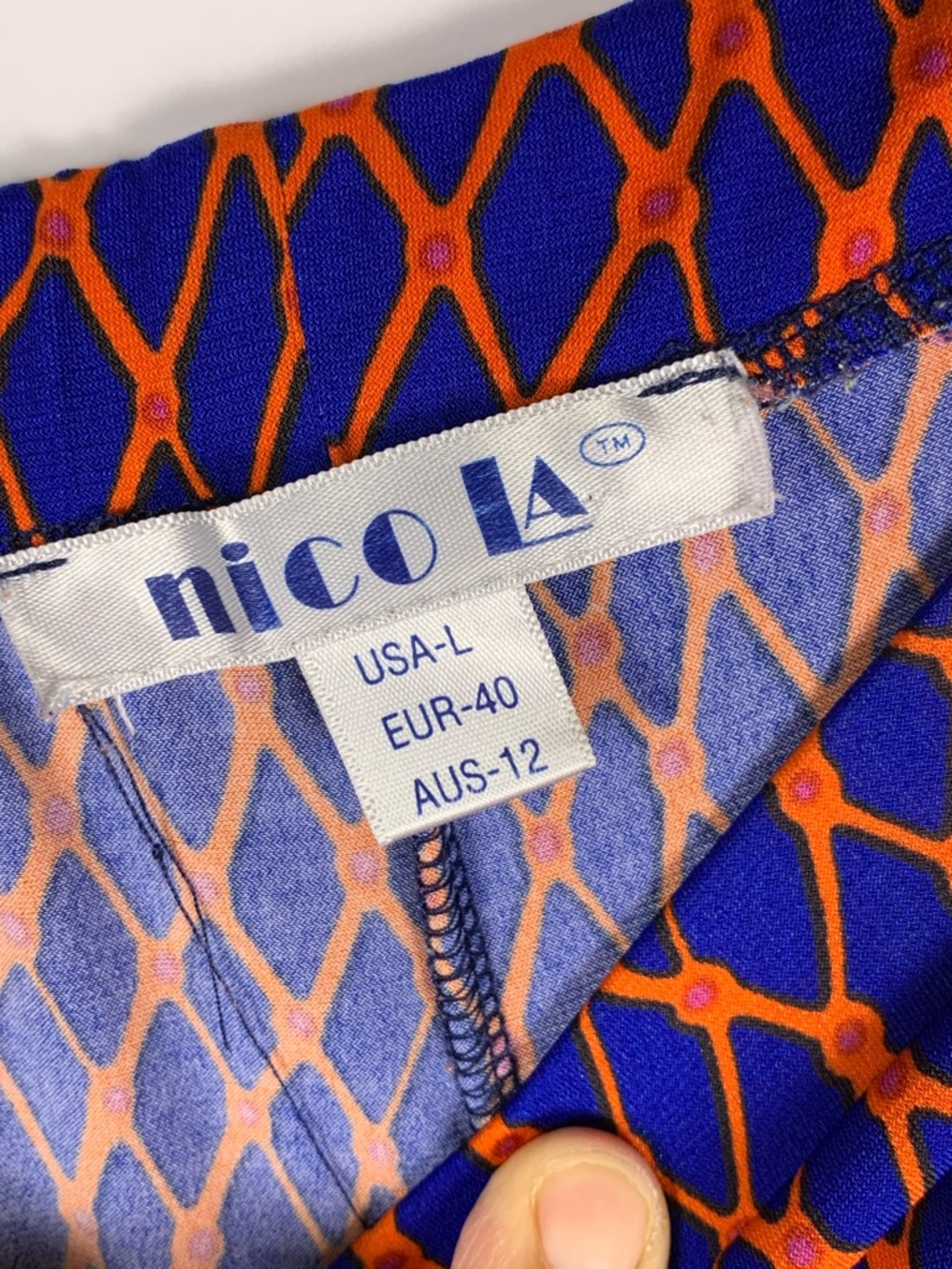 NICO LA Wide Leg Pants L Blue Orange Geometric Pull On Stretch Knit - Picture 8 of 15